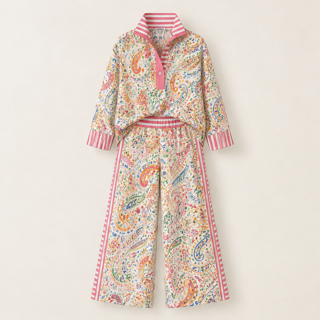 Pink Paisley Two-Piece Set | Contrast-Stripe Wide-Leg Trouser & Top - Women's Matching Set Ivory Paisley