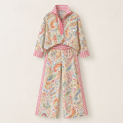 Pink Paisley Two-Piece Set | Contrast-Stripe Wide-Leg Trouser & Top - Women's Matching Set Ivory Paisley