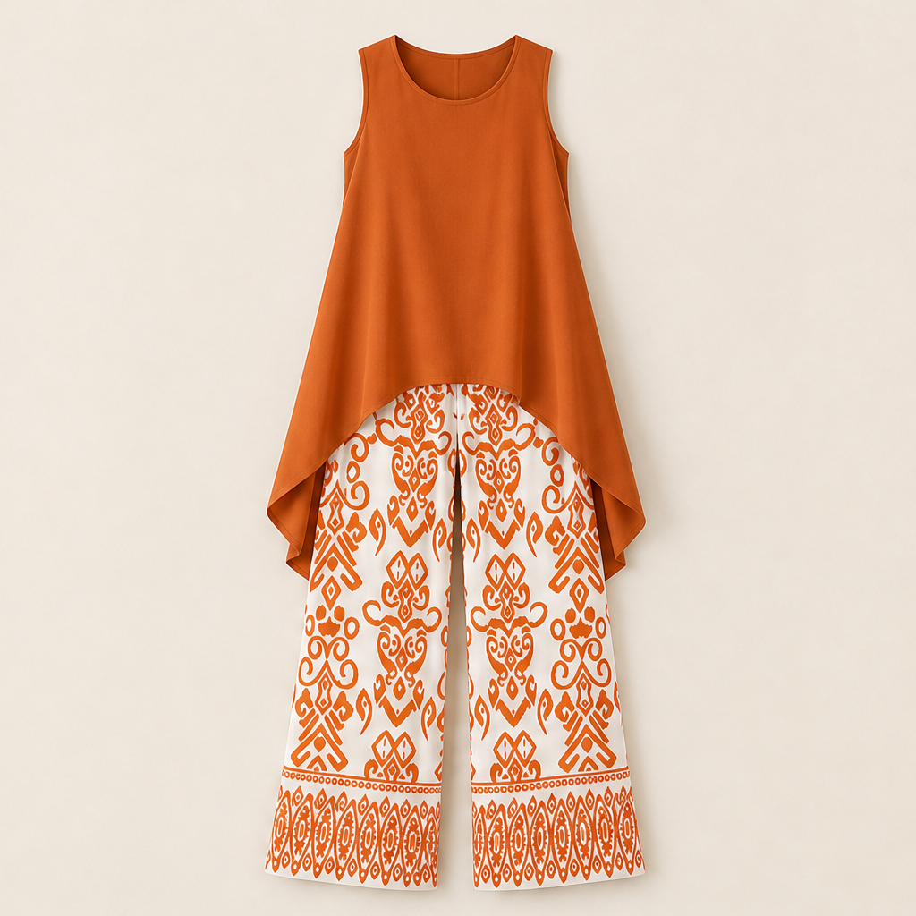 Purple Sleeveless Top & Wide Leg Trouser Set | Ikat Print Two-Piece Outfit for Women Rust
