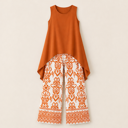 Purple Sleeveless Top & Wide Leg Trouser Set | Ikat Print Two-Piece Outfit for Women Rust
