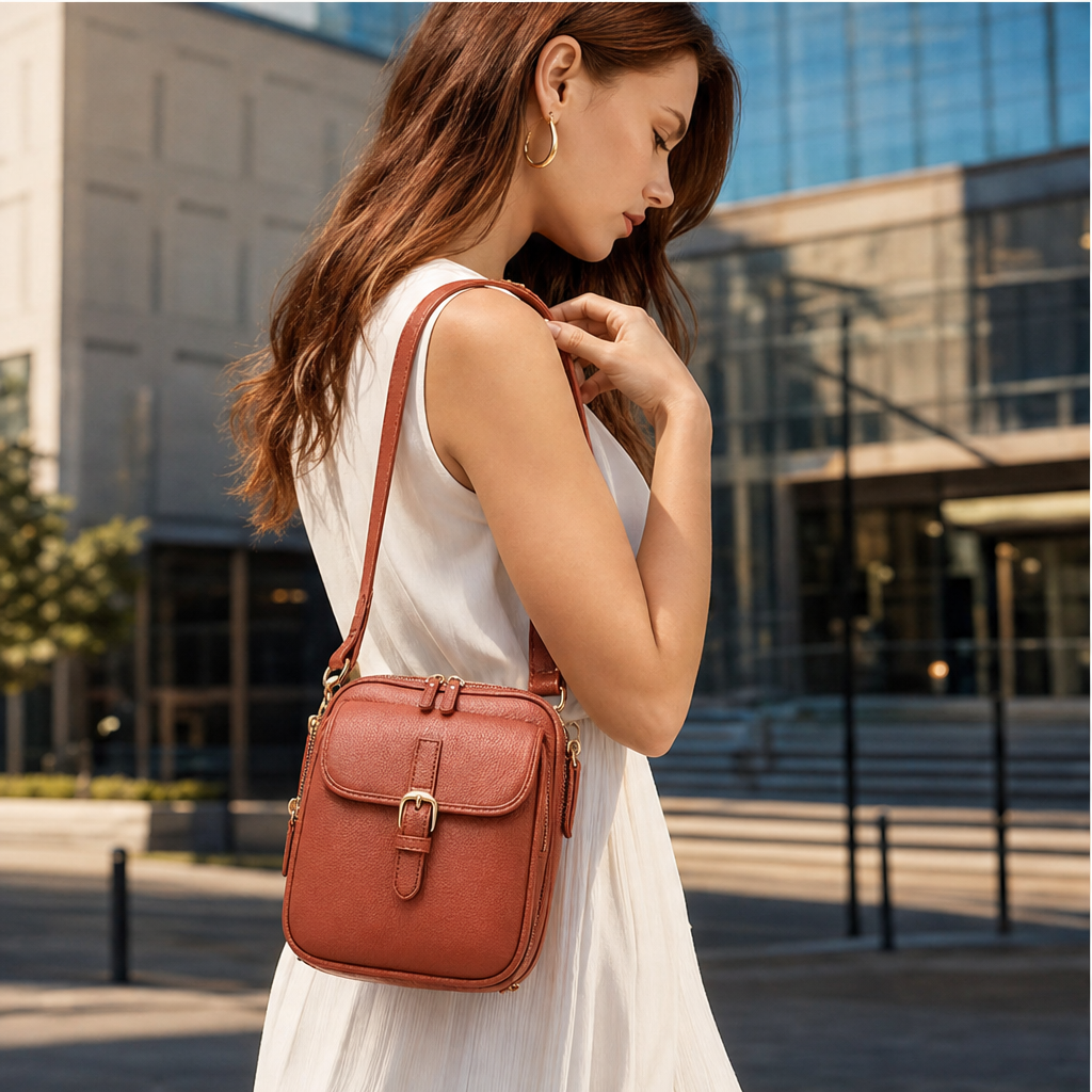 Terracotta Crossbody Leather Bag | Women's Shoulder Bag with Adjustable Strap - Multi-Pocket Design features