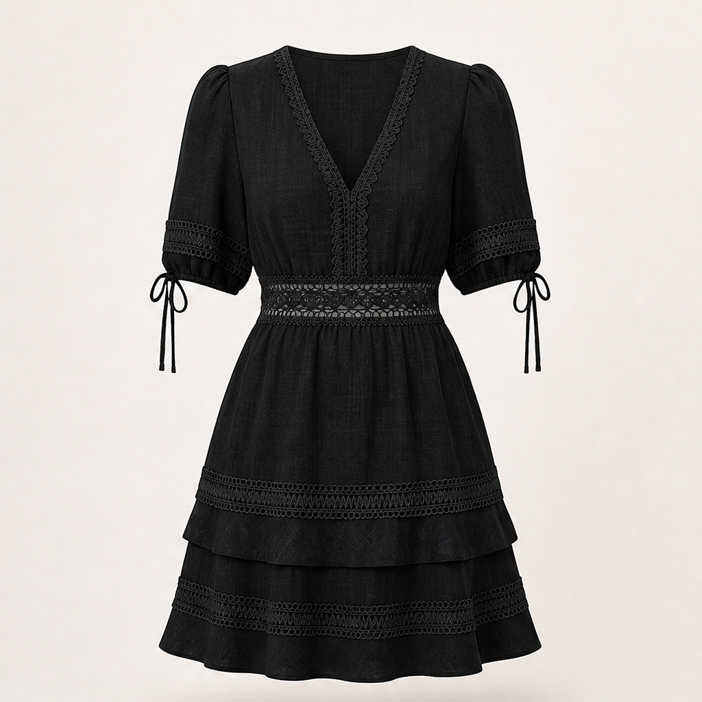 Marisol Women's V-Neck Lace Trim Puff Sleeve Tiered Ruffle Linen-Look Dress Black