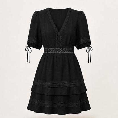 Marisol Women's V-Neck Lace Trim Puff Sleeve Tiered Ruffle Linen-Look Dress Black