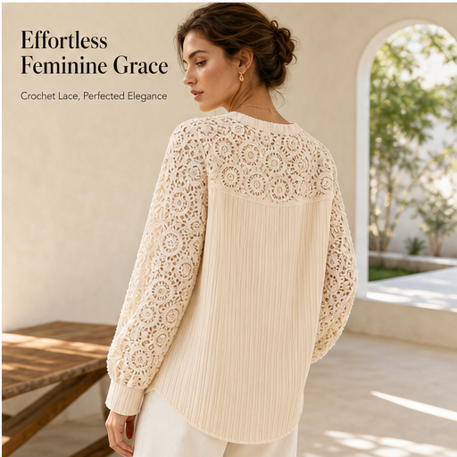 Ivory Lace Patchwork Top | Crochet V-Neck Long Sleeve Blouse - Pearl Button Detail features