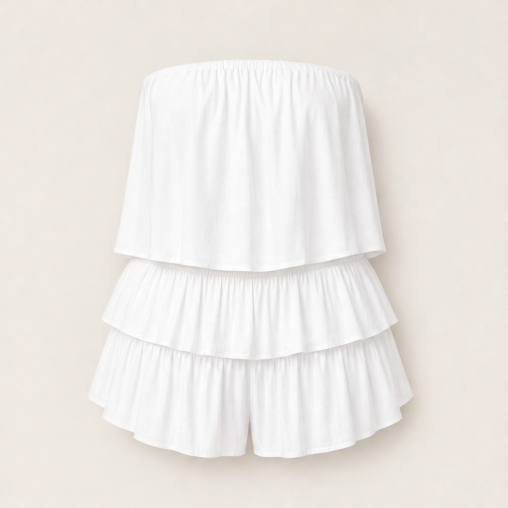 Marisol Women's Off-The-Shoulder Smocked Romper - Strapless Tiered Ruffle Playsuit White