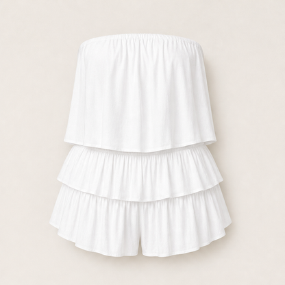 Marisol Women's Off-The-Shoulder Smocked Romper - Strapless Tiered Ruffle Playsuit White