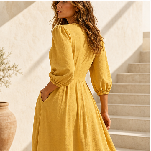Mustard V-Neck Maxi Dress | Casual Puff Sleeve Long Dress - Linen-Blend with Pockets features