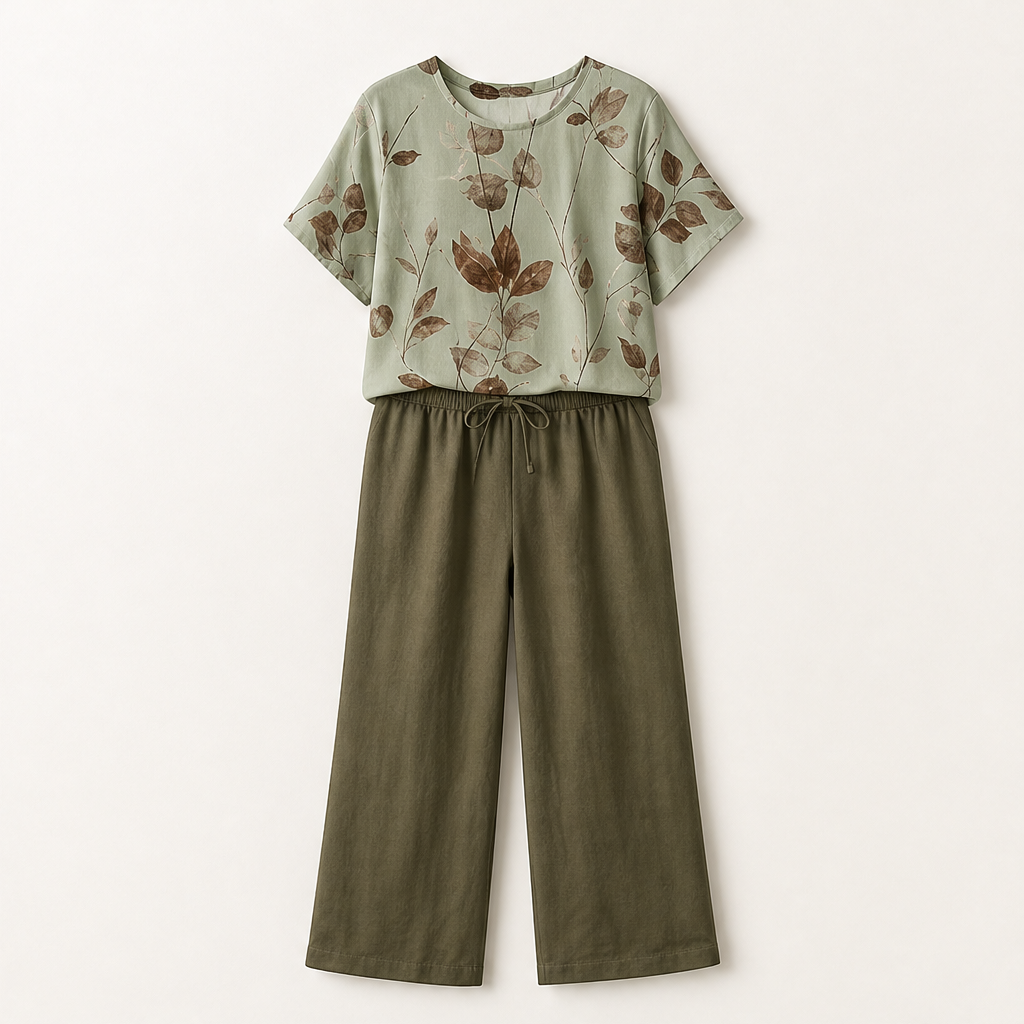 Elowen Women's Botanical Print T-Shirt Set - Breathable Polyester Top & Tulip Hem Trouser Loungewear Set Sage Floral/Olive
