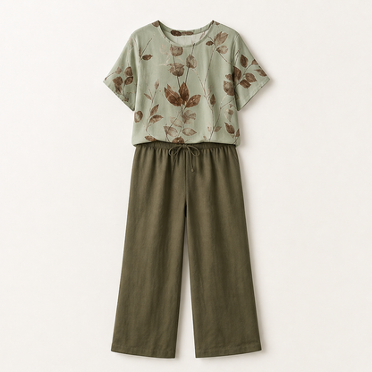 Elowen Women's Botanical Print T-Shirt Set - Breathable Polyester Top & Tulip Hem Trouser Loungewear Set Sage Floral/Olive