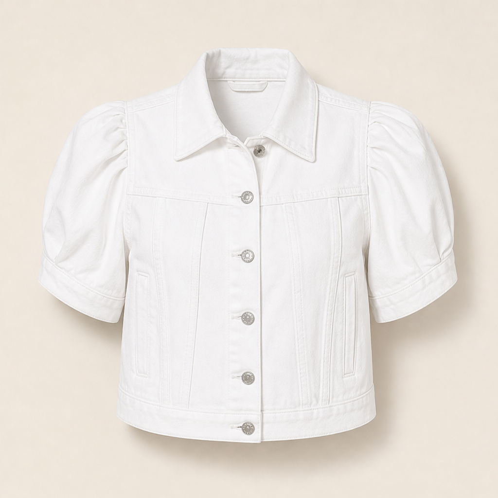 Light Blue Denim Crop Jacket | Vintage Bubble Sleeve Slim Fit - Cropped Jean Jacket for Women White