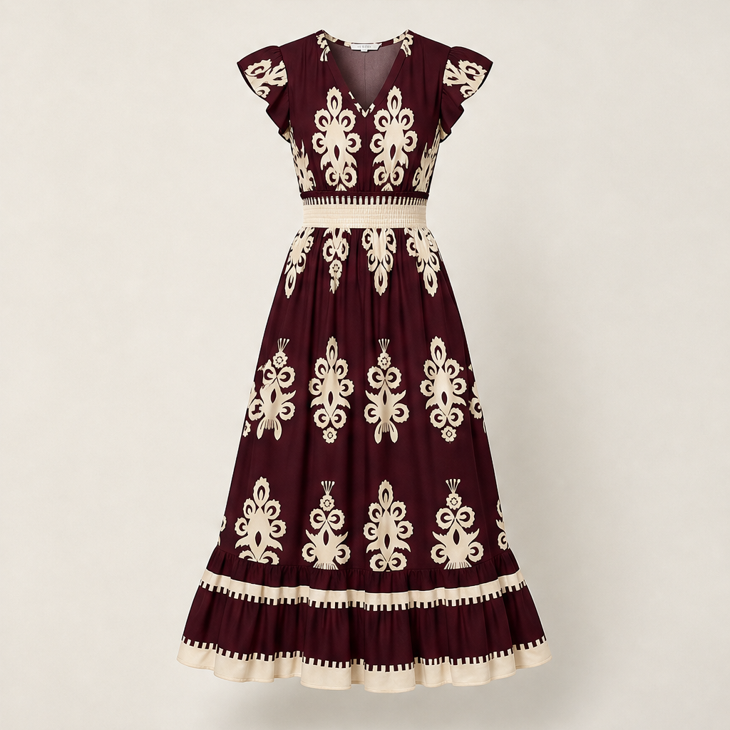 Black Baroque Print Maxi Dress | V-Neck Smocked Waist Summer Dress - Flutter Sleeve Boho Style Burgundy