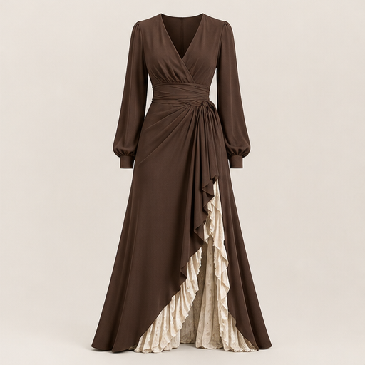Brown Wrap V-Neck Maxi Dress | Lantern Sleeve Formal Gown - Ruffle Slit Two-Layer Skirt Brown