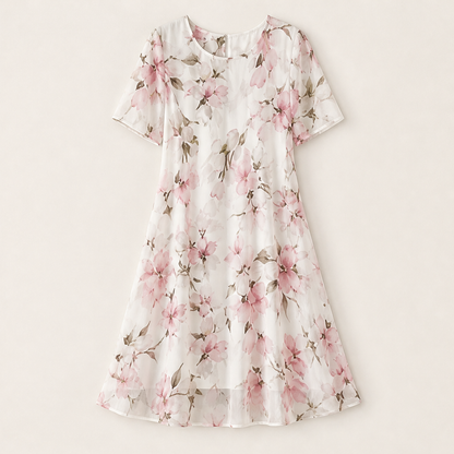 Navy Floral Chiffon A-Line Dress | Double-Layer Midi with Flutter Sleeves - Women's Occasion Wear Ivory Floral