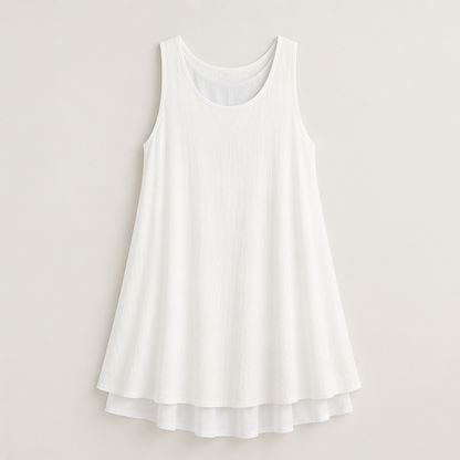 Grey Layered Hem Swing Dress | Sleeveless Linen-Blend Mock Two-Piece - A-Line with Pockets White