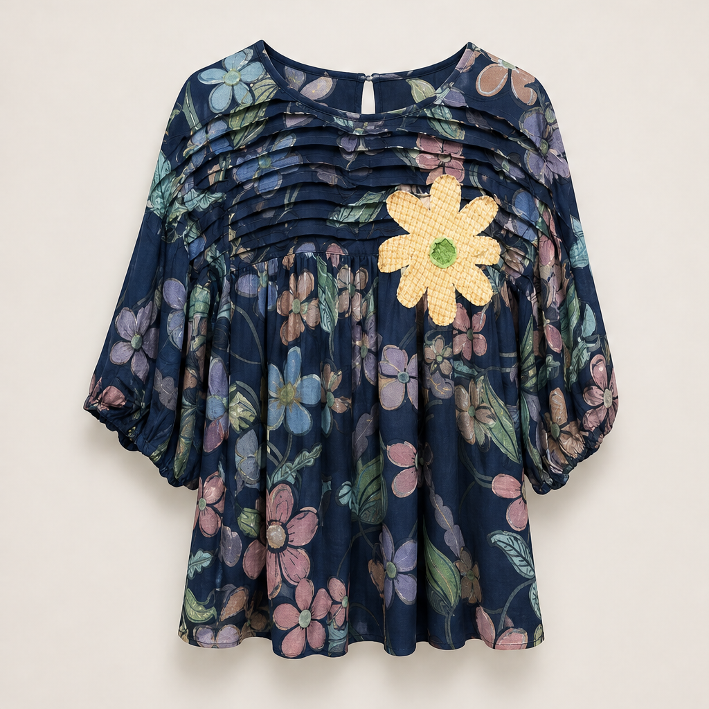 Ivory Floral Print Blouse | Pleated Applique Puff Sleeve Top - Loose Fit Cotton Blend Navy Floral
