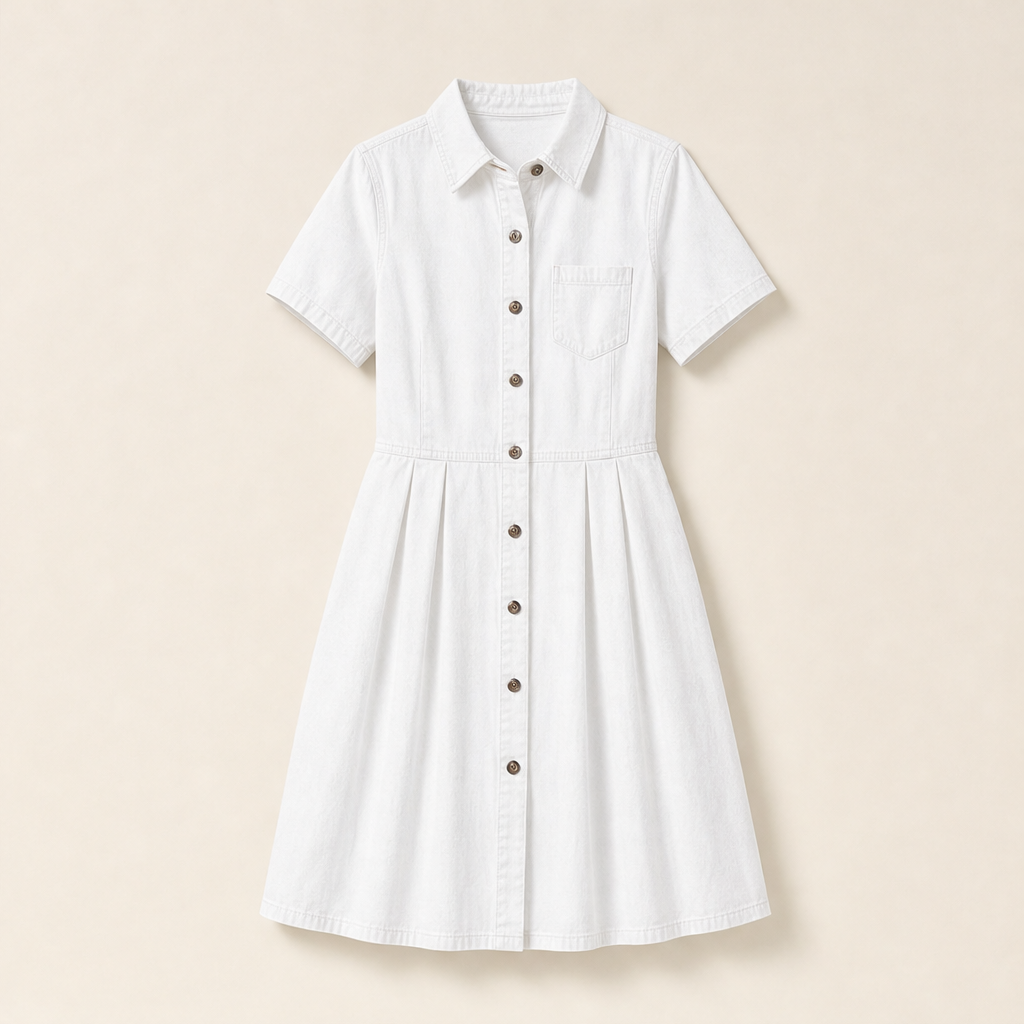 Blue Denim Shirt Dress | Button-Front A-Line Midi - Short Sleeve with Pockets White