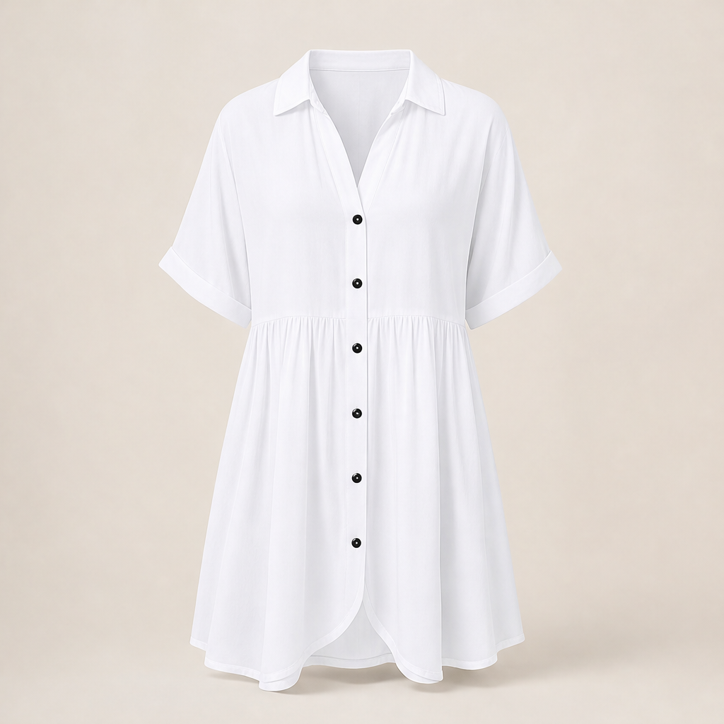 Marlowe Women's Short Sleeve Babydoll Dress - Button Down Shirt Dress with Pockets White