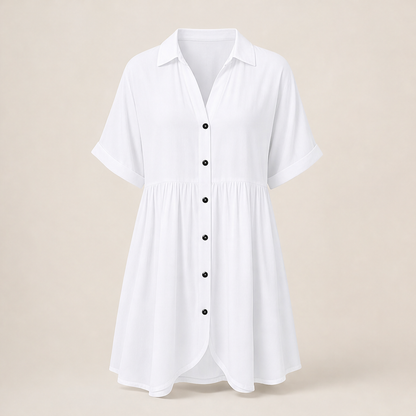 Marlowe Women's Short Sleeve Babydoll Dress - Button Down Shirt Dress with Pockets White