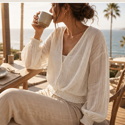 White Sheer Sun Protection Shirt | Lightweight V-Neck Cover-Up - Lantern Sleeve Cropped Jacket features