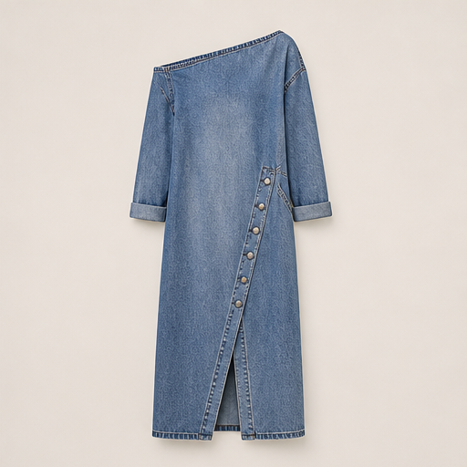 Denim Off-Shoulder Dress | Midi Length Casual Dress - Long Sleeve with Button Front Split Light Denim