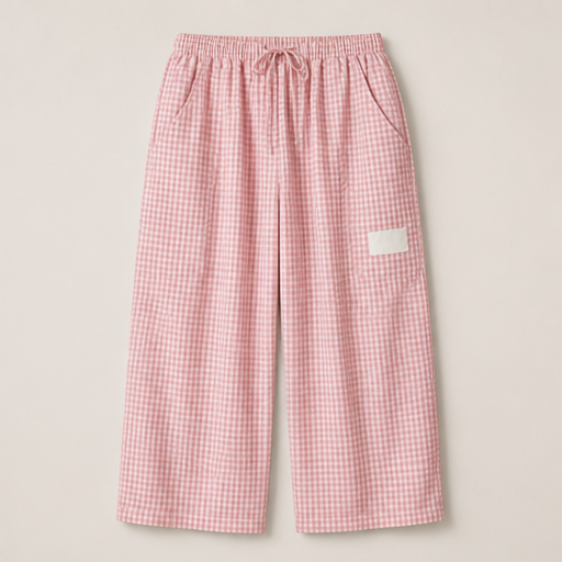 Blue Gingham Wide Leg Trousers | Women's Linen-Blend Plaid Trousers - Drawstring Waist with Pockets Pink Gingham