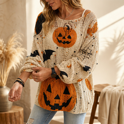 Black Pumpkin Print Sweater | Halloween Crochet Cutout Knit Top - Oversized Long Sleeve for Women features
