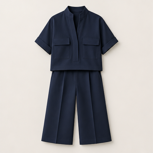 White Tailored Two-Piece Set | Short Sleeve Top & Wide-Leg Culottes - Smart Casual Matching Set Navy