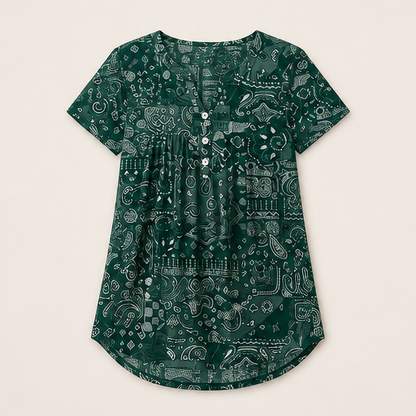 Black Paisley Print V-Neck Top | Casual Short Sleeve Blouse for Women - Relaxed Fit Henley Tunic Green