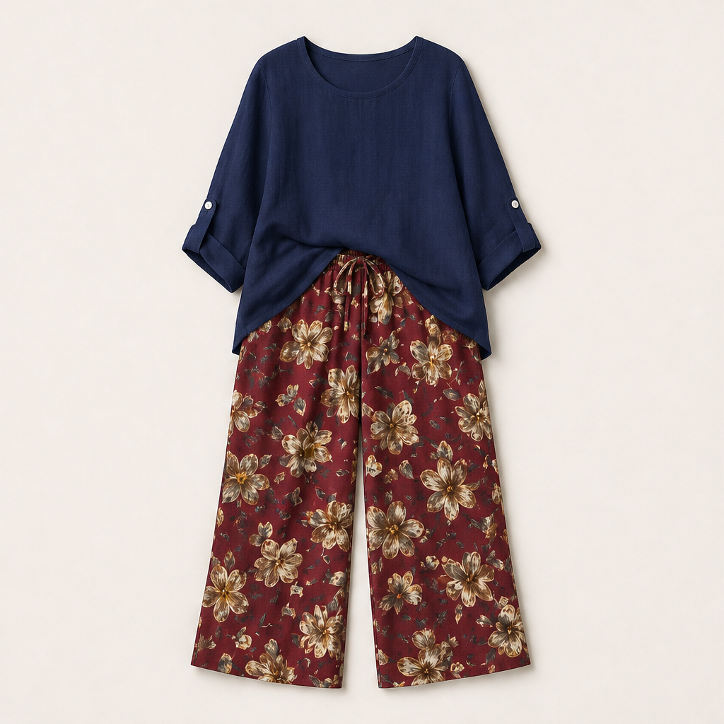 Marisol Women's Boho Two-Piece Cotton Linen Top & Wide-Leg Trouser Set - Floral Print Roll-Sleeve Blouse & Palazzo Trousers Navy