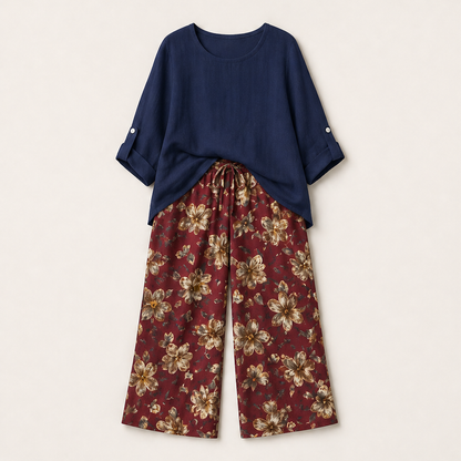 Marisol Women's Boho Two-Piece Cotton Linen Top & Wide-Leg Trouser Set - Floral Print Roll-Sleeve Blouse & Palazzo Trousers Navy