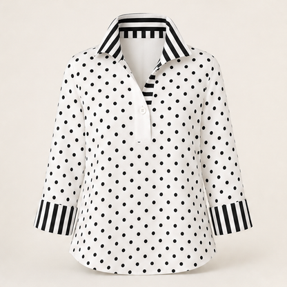 Pink Polka Dot Blouse | Contrast Stripe Popover Top for Women - 3/4 Sleeve Cotton Shirt White