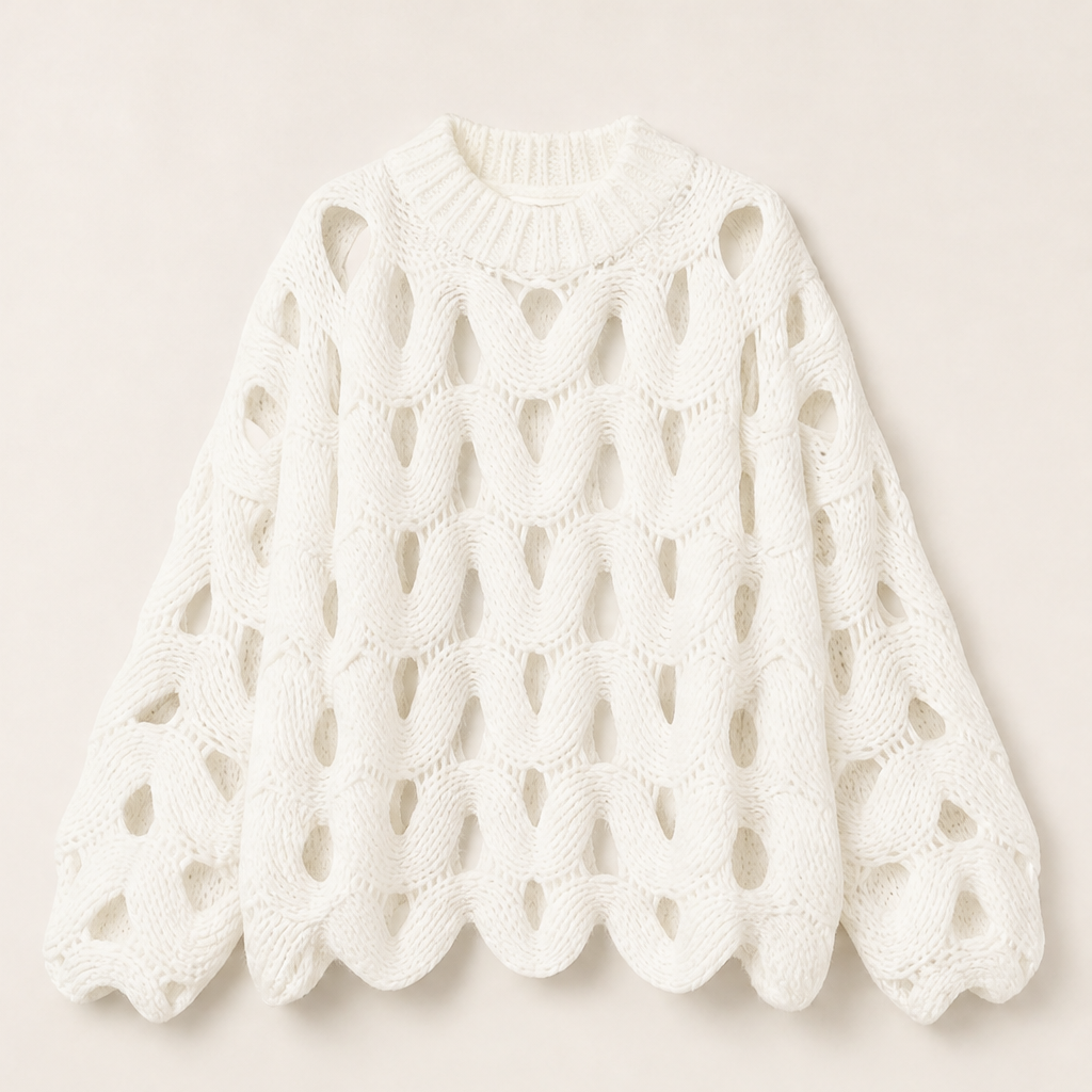 Black Cable Knit Jumper | Boho Hollow Out Balloon Sleeve Sweater - Oversized Spring Autumn Layer White