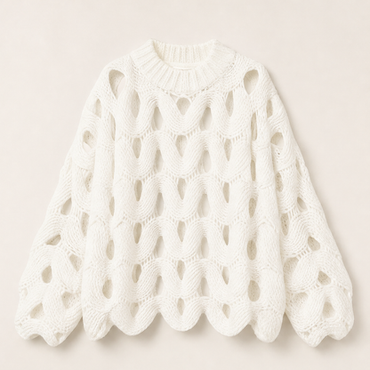 Black Cable Knit Jumper | Boho Hollow Out Balloon Sleeve Sweater - Oversized Spring Autumn Layer White