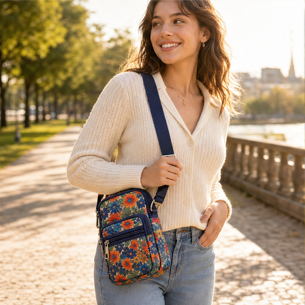 Floral Mini Crossbody Bag | Phone Bag with Armband Strap - 3 Zip Compartments features
