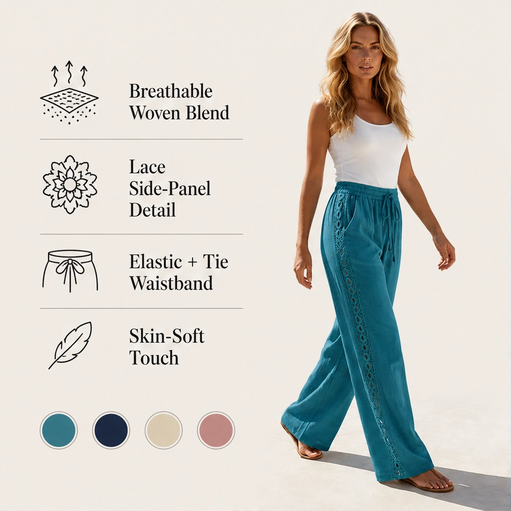 Crochelle Women's Crochet Trim Pants - Lightweight Drawstring Straight Leg Summer Pants with Pockets