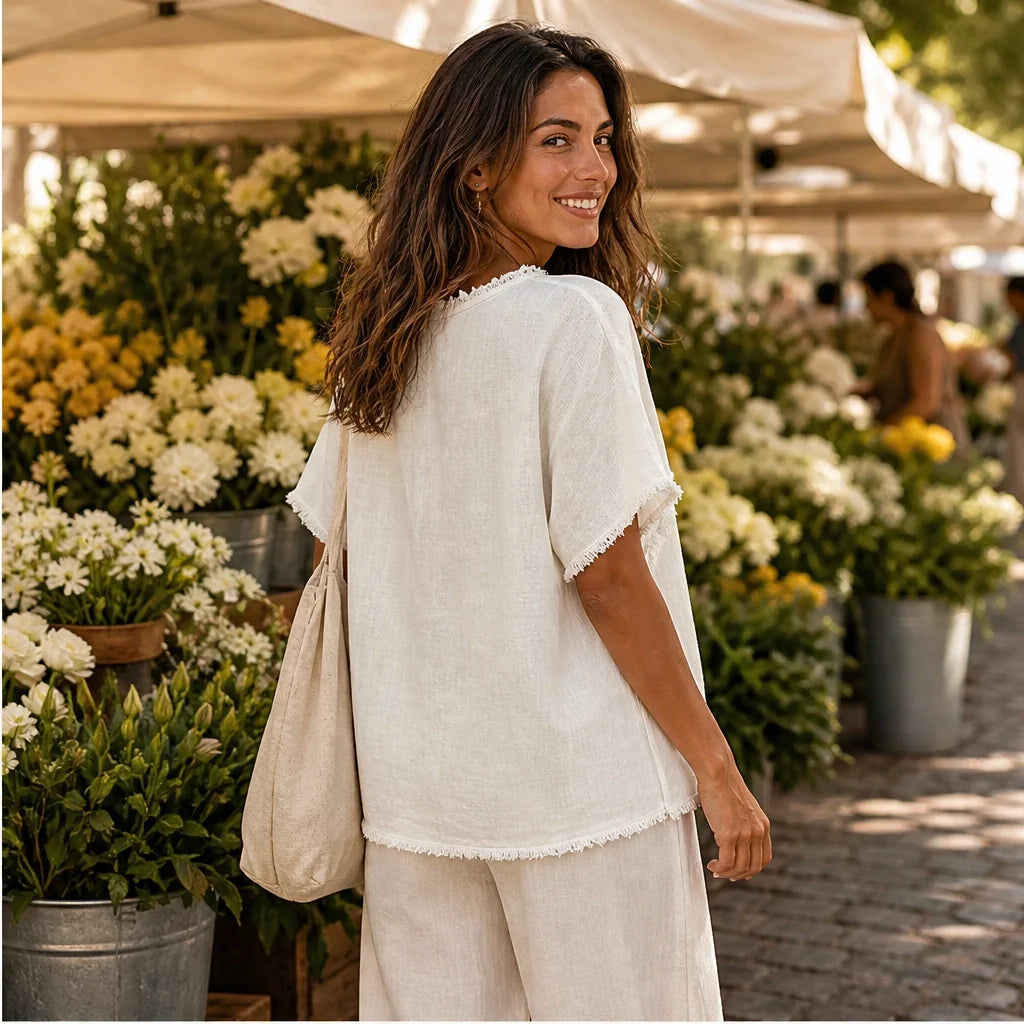 Frayla Women's Raw Edge Summer Top - Relaxed Fit Round Neck Casual Tee